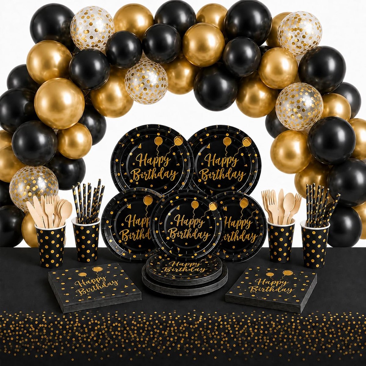 zwart-gouden feestservies (130-delig), ideaal voor verjaardagsfeestjes. Bevat papieren borden, servetten, papieren bekers en houten bestek, voldoende voor 16 gasten.
