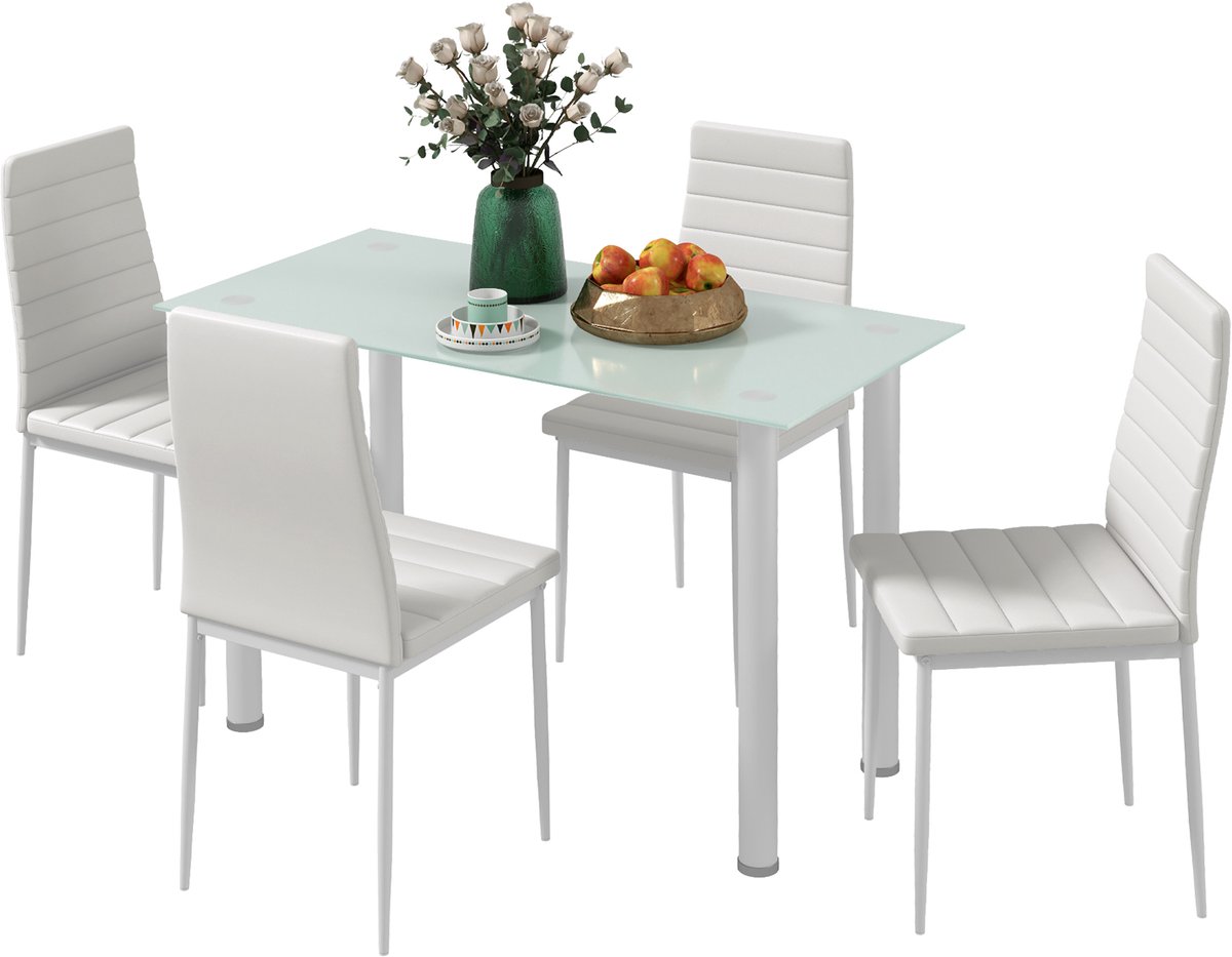 Eetkamerset met 4 Eetkamerstoelen - Eettafel met glazen blad - 120 x 60 x 75 cm - Eethoek set Tafel en Stoelen - Set van 4 Stoelen met kunstleer - Wit