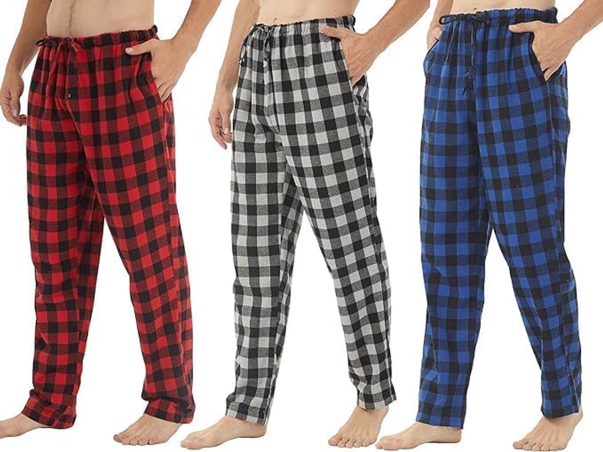 Set van 2 pyjamabroek voor heren, katoen, flanel, zachte pyjamabroek, geruit, pyjamabroek, lounge, pyjama met knoopsluiting en zakken