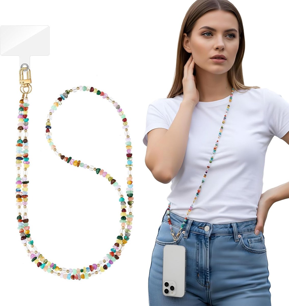Telefoonkoord van natuursteen, universeel telefoonkoord 110 cm met patch, kruishanger in boho-stijl voor dames en meisjes, telefoonkoord om om te hangen, meerkleurig