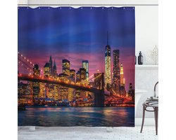 ABAKUHAUS New York Douchegordijn, NYC That Never Sleeps Reflections op Manhattan East River City Afbeelding Foto Print, Stoffen Badkamerdecoratieset met Haken, 175 cm B x 200 cm L, Roze Blauw