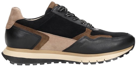 Zwarte sneaker met beige en bruine details. Met rits aan de zijkant en beige zool.
