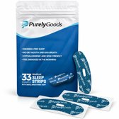 Emballage de 33 Sleep Strips médicaux PurelyGoods avec évent d'aération. Les bandelettes sont bleues avec un motif blanc de logos et de flèches.