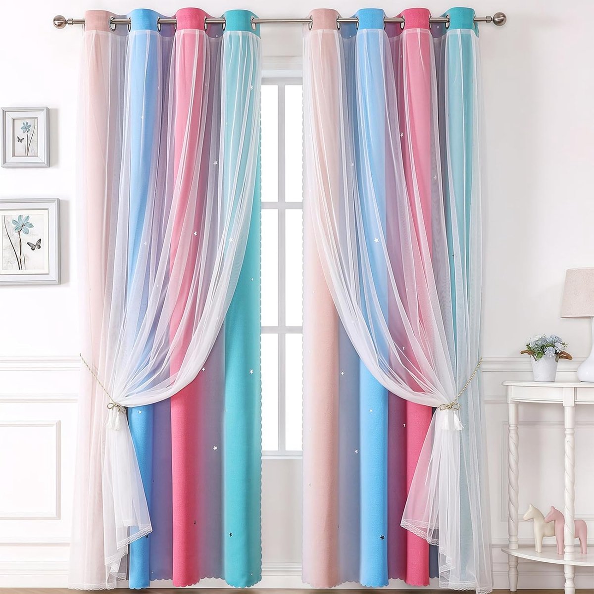 verduisterende gordijnen voor slaapkamer, ster uitgesneden thermisch geïsoleerde ooggordijnen voor kinderen kinderkamer meisjes woonkamer, 160 x 132 cm, 2 panelen, blauw roze groen