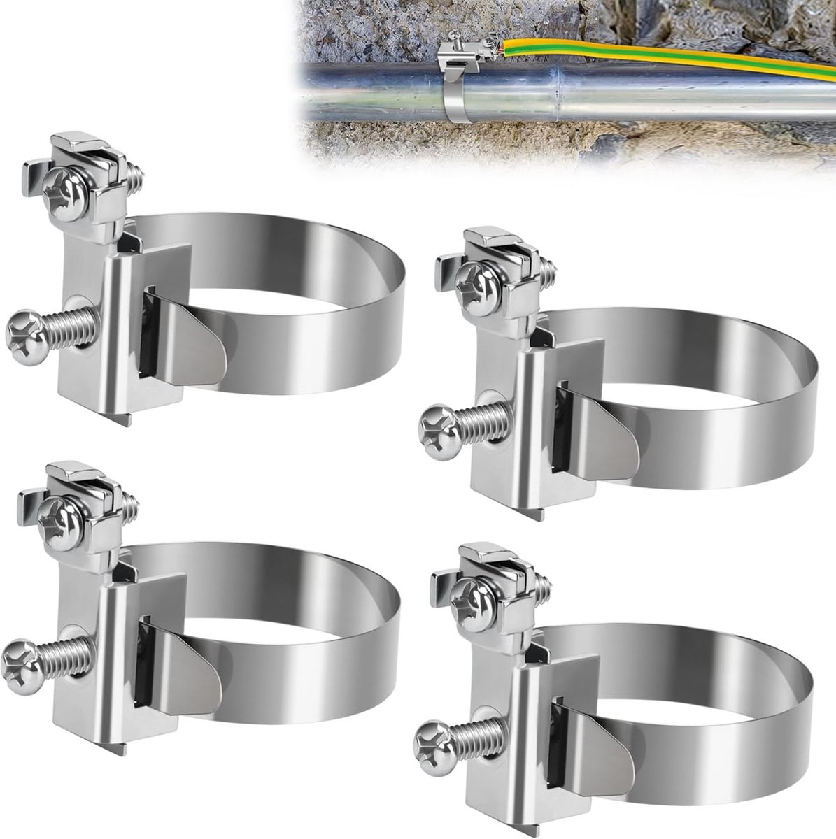 aardingsband aardingsklem bandaardingsklem aardingsbandklem gemaakt van roestvrij staal gegalvaniseerd 4 stuks 8-52mm voor verdeeldozen kabelbinders bliksembeveiliging(4, 8-52mm)