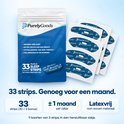 Emballage de 33 bandelettes buccales PurelyGoods et bandelettes individuelles. Bleu avec motif blanc. Informations sur la durée et le matériau : sans latex.