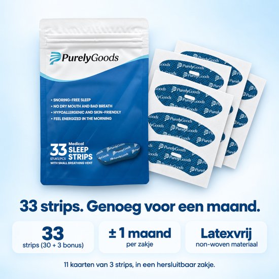 Emballage de 33 bandelettes buccales PurelyGoods et bandelettes individuelles. Bleu avec motif blanc. Informations sur la durée et le matériau : sans latex.
