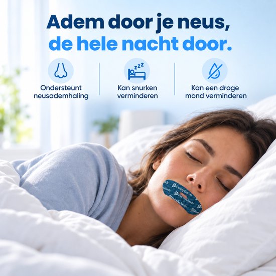 Femme dormant avec un ruban buccal PurelyGoods bleu à motif blanc. Trois icônes : respiration nasale, réduction des ronflements, réduction de la bouche sèche.
