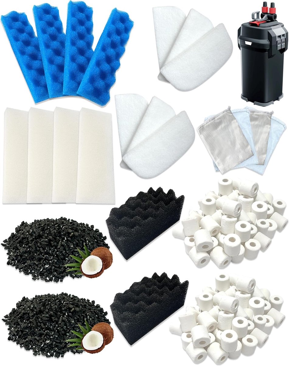 24 stuks aquariumfiltermediaset, compatibel met Fluval 206/207 jerrycanfilters, vervangende biologische schuimfilter, actieve kool en keramische ringen (set van 2 voor regelmatige verzorging)