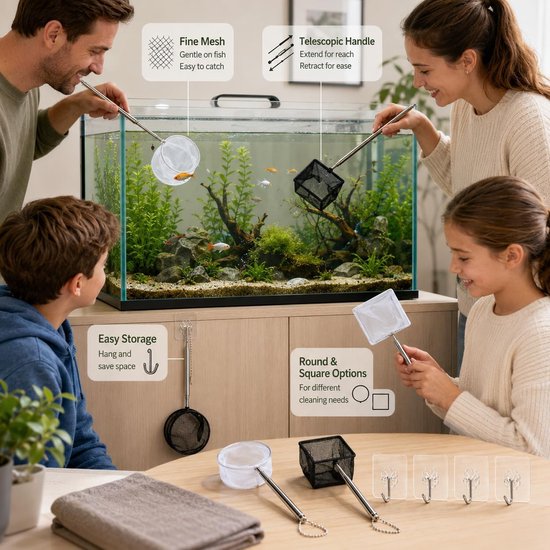4 stuks aquarium schepnet set met 4 haken, rond en vierkant visnet met telescopische roestvrijstalen handgreep 13-39 cm voor garnalen, kleine vissen en reiniging — afbeelding 5