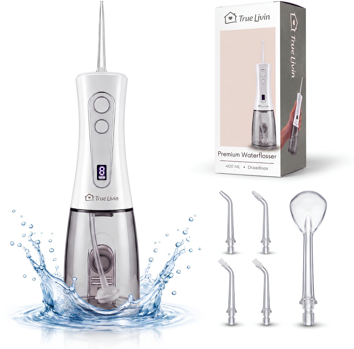 True Livin Waterflosser - Monddouche - Tongschraper - Tandplak Verwijderaar - Draadloos en Oplaadbaar - 8 Reinigingsstanden - 5 Opzetstukken - Voor Beugels - Wit
