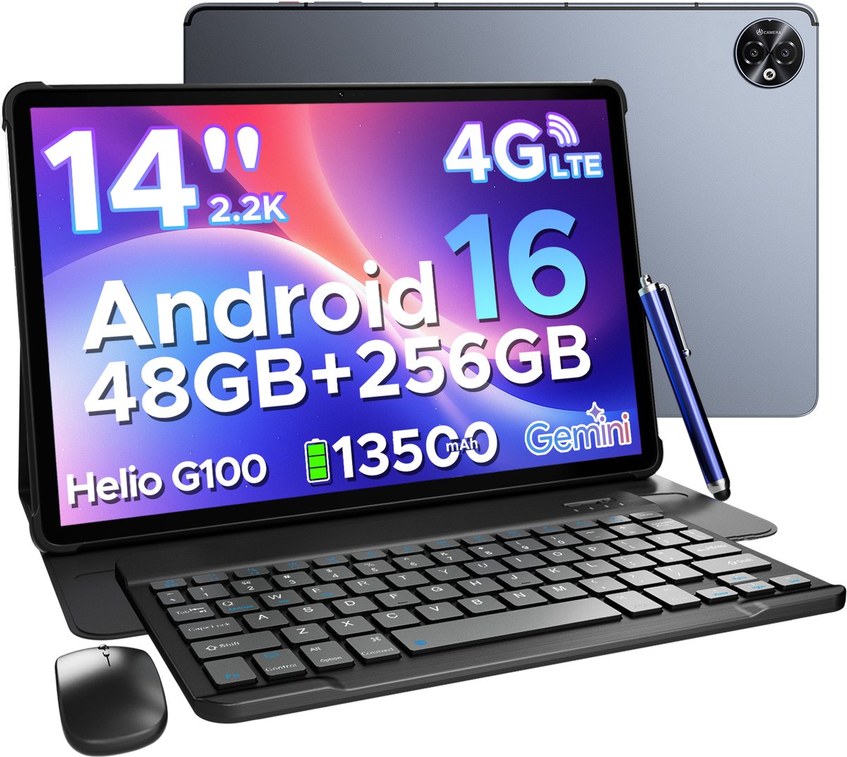 Doogee TAB E3 Max VIP - Tablet - 48 GB RAM + 256 GB ROM /TF 2TB -MTK Helio G100 - 14 inth Ips - Android 16 - 13500mAh - 4G LTE - 5G WLAN - Vier luidsprekers - GPS - Grijs