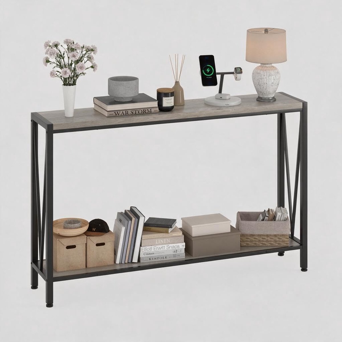 Industriële Consoletafel Smal - Haltafel 2 Lagen Bijzettafel Grijs