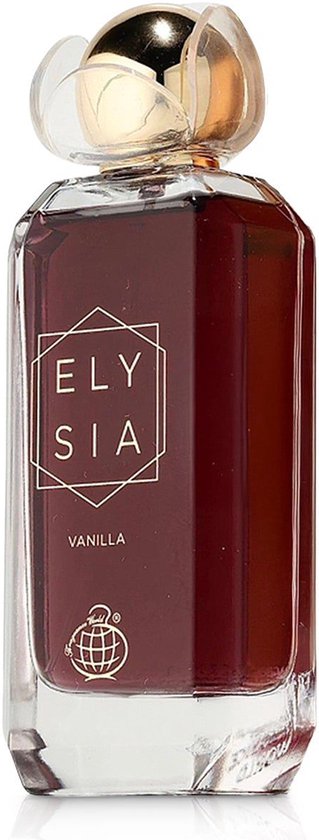 Een flesje Elysia Vanilla Eau de Parfum met een donkerrode vloeistof en een gouden dop.