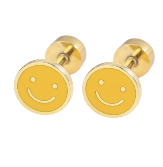 Goudkleurige oorknopjes met een gele smiley en schroefsluiting.