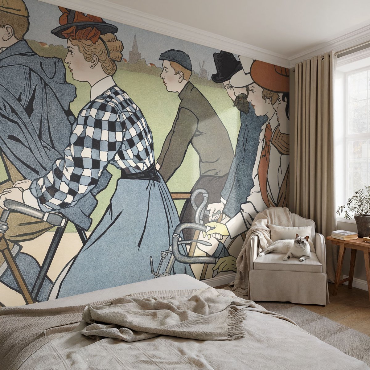 Coloray Vliesbehang - Wit Snellijm Behang - 104x70 cm - Vintage Fietsers Fotobehang Vlies - Hal behang Mensen - Muurschildering - Woonkamer behang