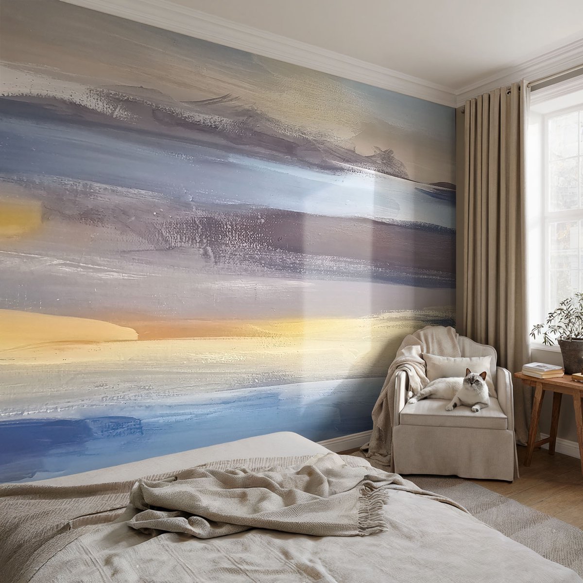 Coloray Vliesbehang - Blauw Snellijm Behang - 104x70 cm - Vreedzaam Landschap Muurschildering - Gang behang Abstractie - Fotobehang Vlies - Slaapkamer behang