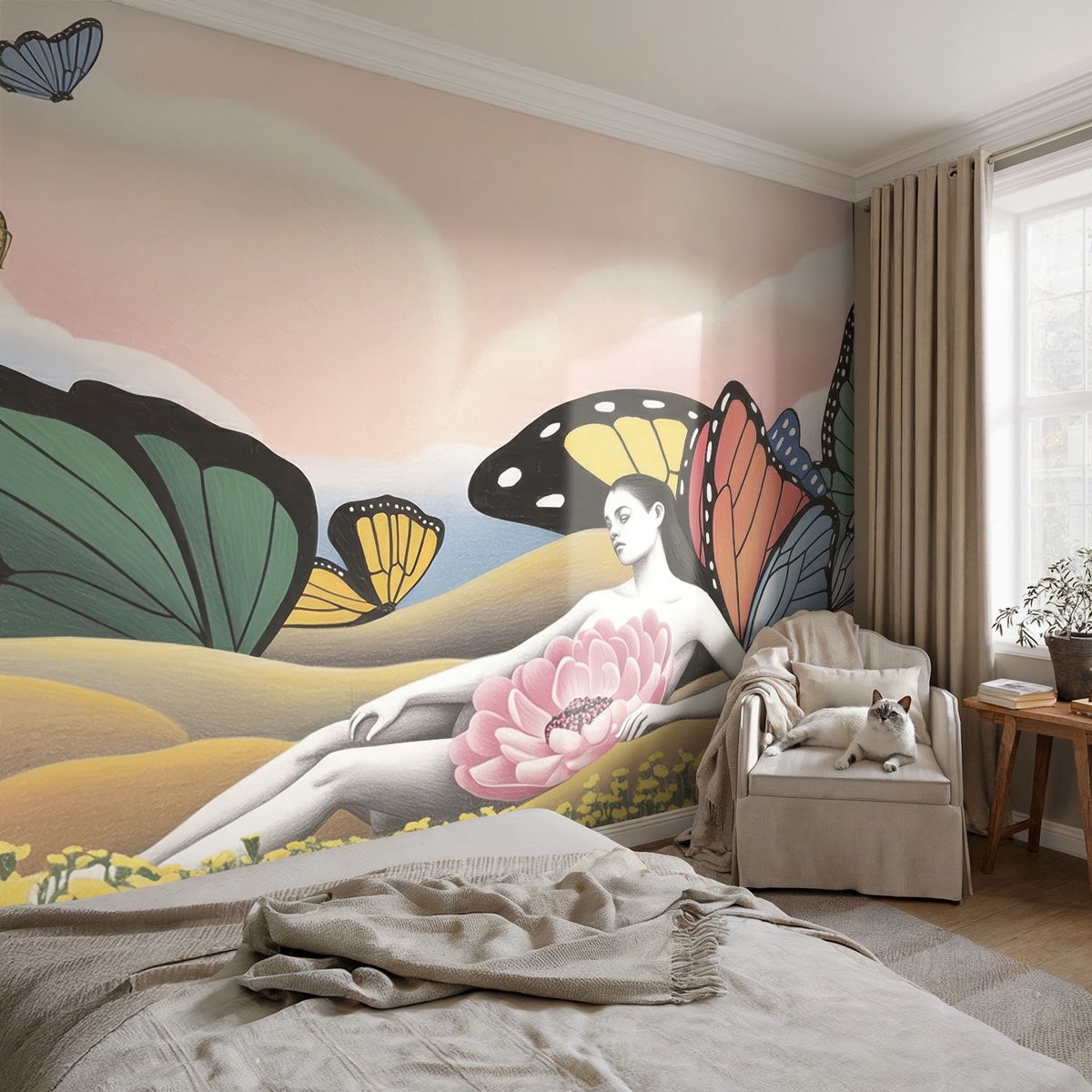 Coloray Vliesbehang - Wit Snellijm Behang - 104x70 cm - Vlinderweide Muurschildering - Gang behang Deel - Fotobehang Vlies - Slaapkamer behang