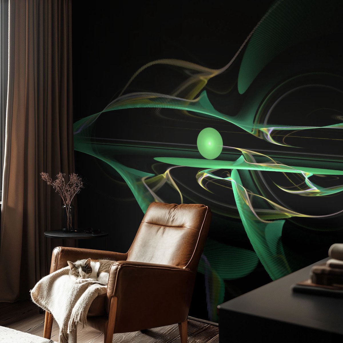 Coloray Vliesbehang - Zwart Snellijm Behang - 104x70 cm - Groene Golven Muurschildering - Slaapkamer behang Abstractie - Fotobehang Vlies - Slaapkamer behang