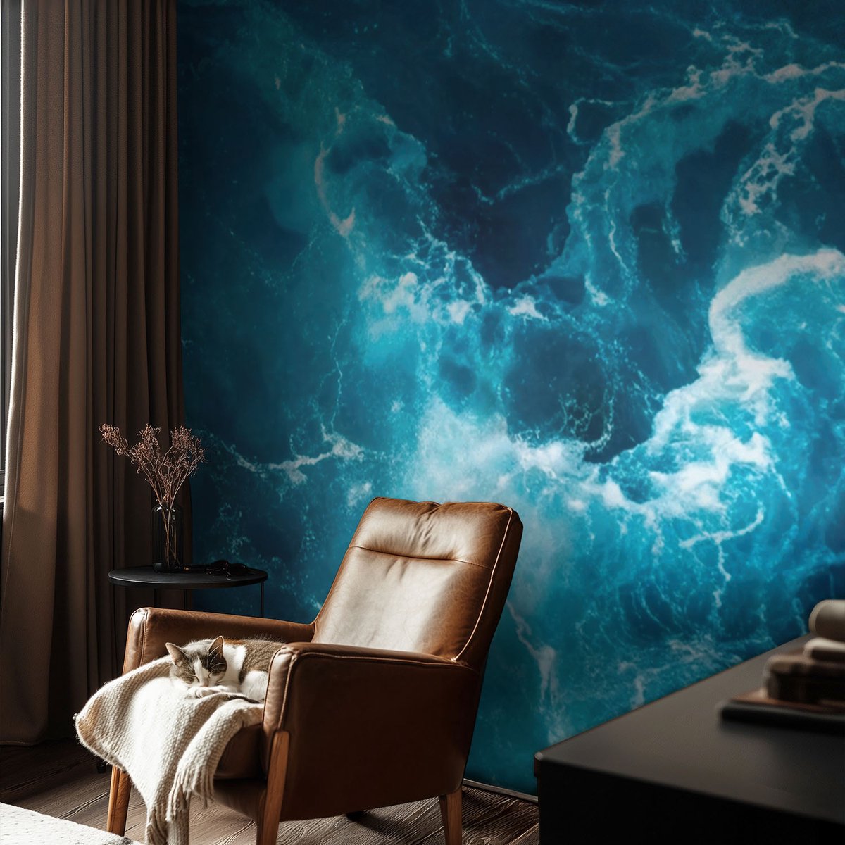 Coloray Vliesbehang - Blauw Snellijm Behang - 104x70 cm - Zeewervels Muurschildering - Slaapkamer behang Landschappen - Fotobehang Vlies - Gang behang