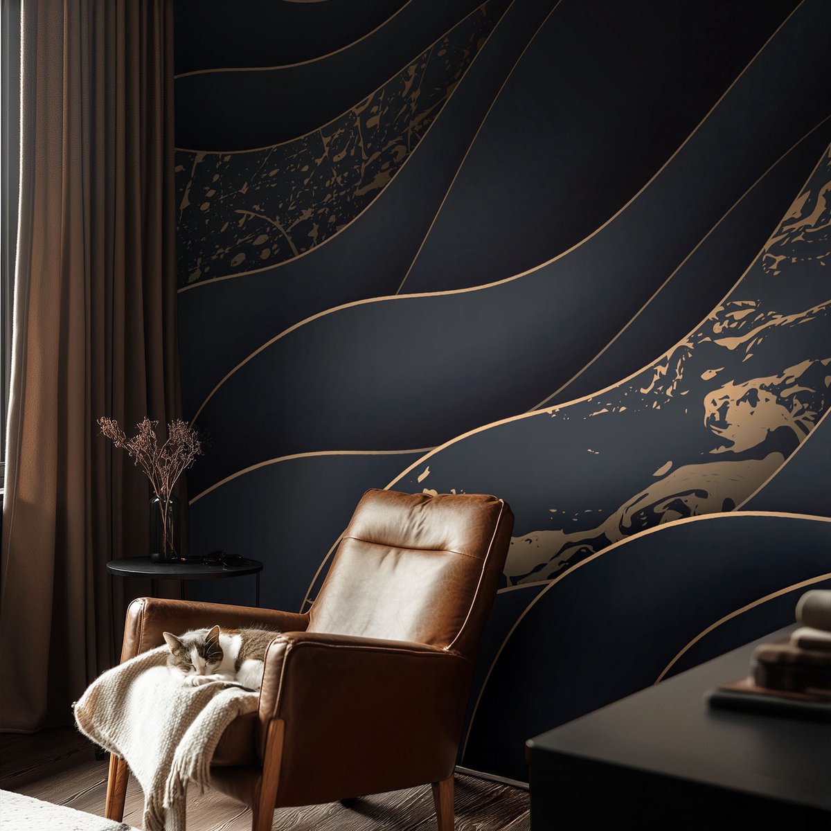 Coloray Vliesbehang - Zwart Snellijm Behang - 104x70 cm - Elegante Golven Fotobehang Vlies - Woonkamer behang Abstractie - Muurschildering - Woonkamer behang
