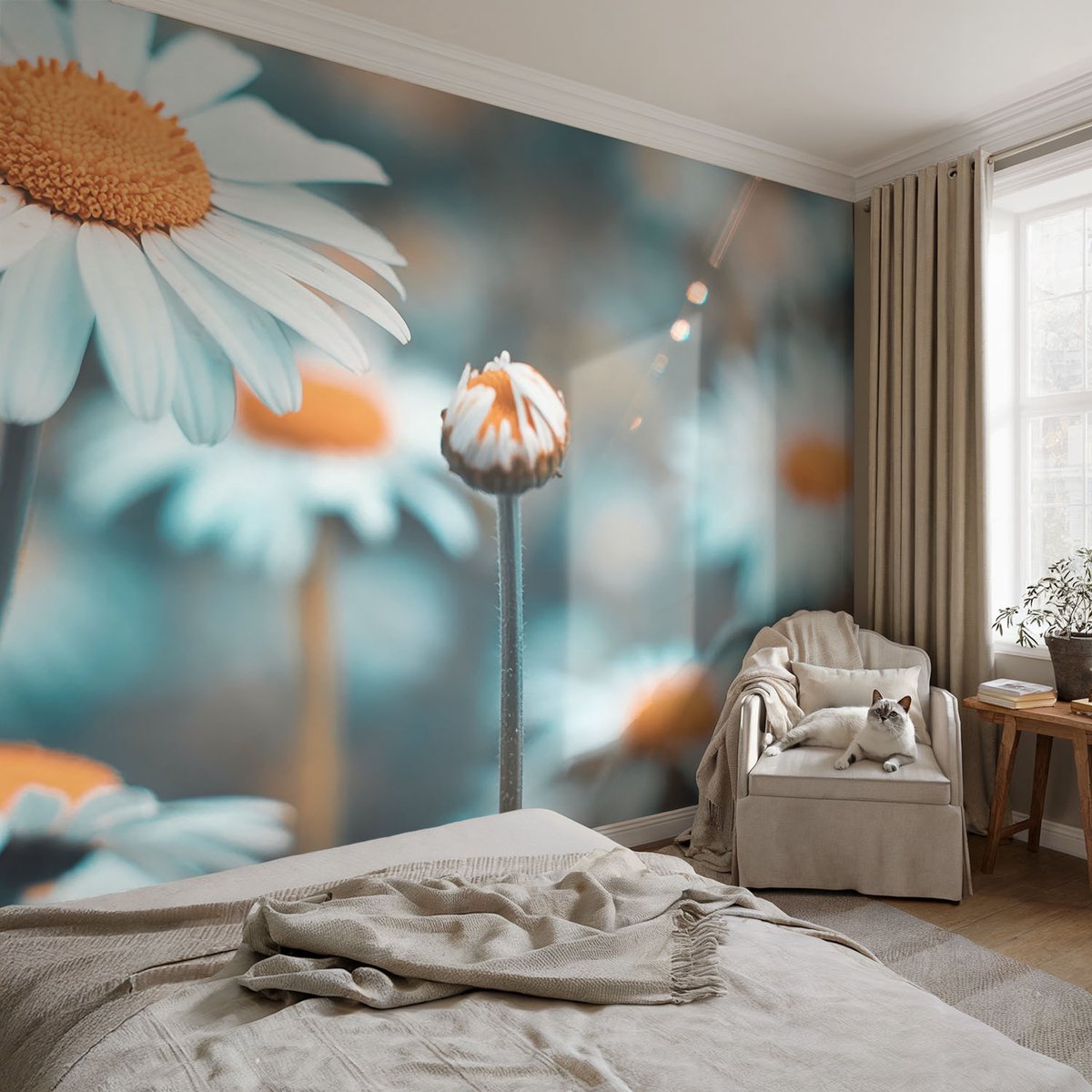 Coloray Vliesbehang - Blauw Snellijm Behang - 104x70 cm - Kamille Delicatesse Fotobehang Vlies - Woonkamer behang Bloemen En Planten - Muurschildering - Woonkamer behang