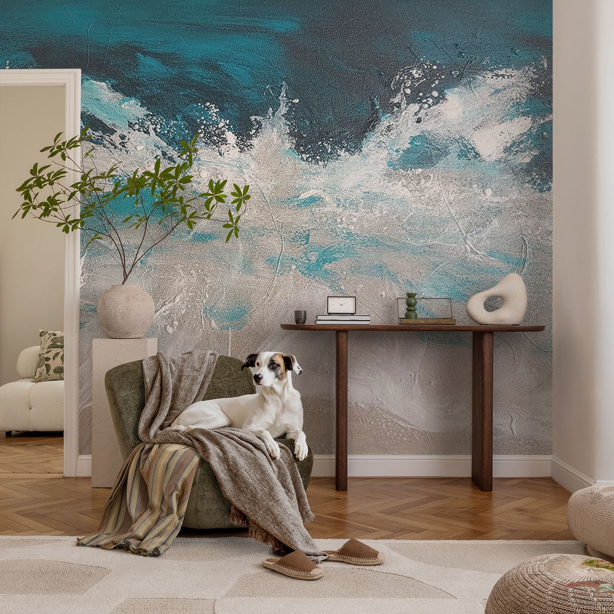 Coloray Vliesbehang - Blauw Snellijm Behang - 104x70 cm - Oceaangolven Muurschildering - Slaapkamer behang Deel - Fotobehang Vlies - Slaapkamer behang