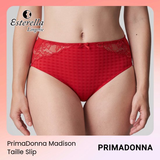 Rode taille slip met ruitpatroon, kanten details en strikje.