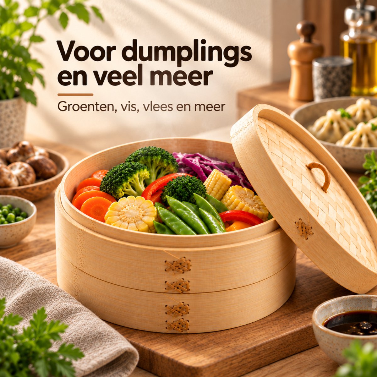 Tomec® Stoommand Bamboe 3-delig – Stoommandje en Stomer voor Dumplings, Dim Sum, Rijst en Groente — cadeau in Kookcadeaus - foto 6