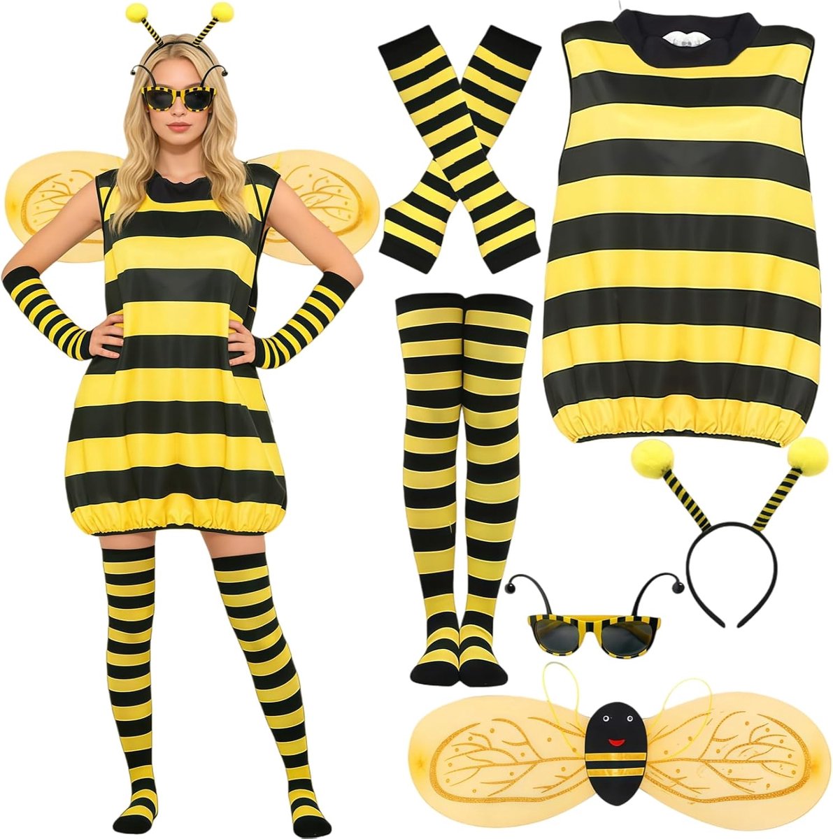 Bijenkostuum voor dames, 6 stuks, bijenkostuum, bijen, volwassenen, outfitset met gestreepte kousen, hoofdband, carnavalskostuum voor Halloween, carnaval, cosplay party