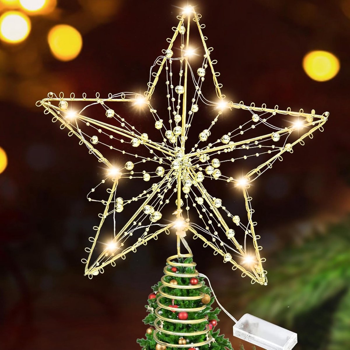 30 cm, kerstboompiek, goud, dennenboompiek met ledlicht, kerstboomtopper, gouden boompiek, verlichte kerstboomdecoratie