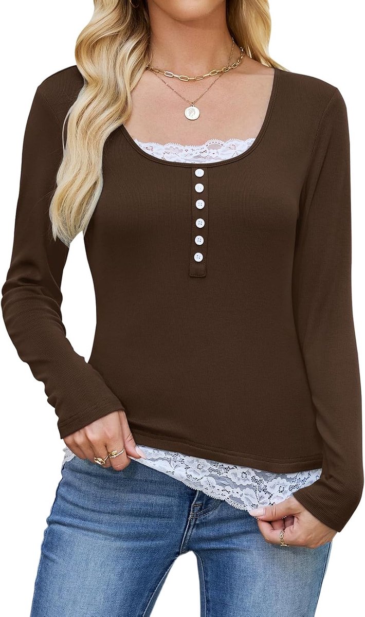 Damestrui met lange mouwen, casual, elegant, U-hals, sweatshirt, basic, tuniek, solide top, vrijetijdsshirt met kant, voor lente, herfst, winter