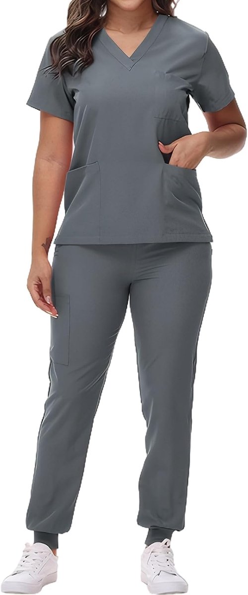 Dames Scrub Set Kaack Sneldrogende tuniek Top Broek 2 PC Medische Uniformen V-hals Korte Mouw Slip Blouse Jogger Medische Werkkleding Verpleging Cosmetics Spa Ziekenhuis