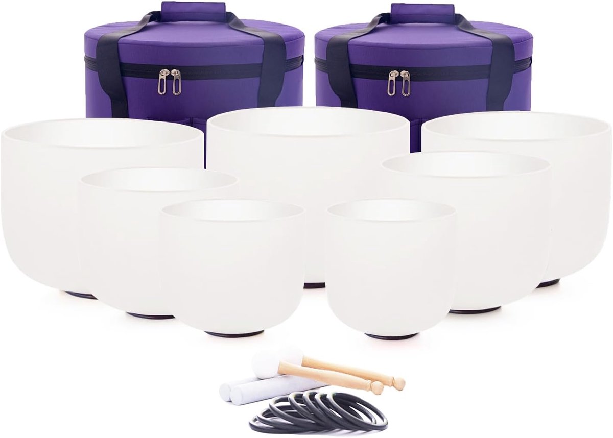 Kristalklankschaalset, 432hz 7-12 inch klankschalen met draagtas, 7 stuks Chakra Frosted Quartz Crystal Singing Bowl (17,8 - 30,5 cm)