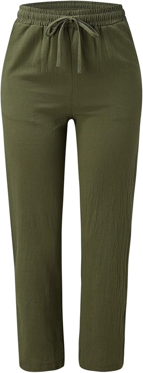 Linen broek met koord, effen, 7/8 lengte