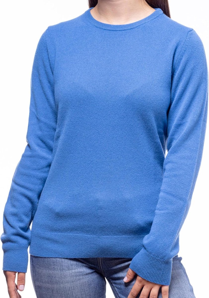 Damestrui van 100% wol, zacht en warm, van satijnen breisel, fijnheid 12, ronde hals, lange mouwen, schouderuitsnijding en geribbelde onderkant, elegant en veelzijdig, met geschenkdoos