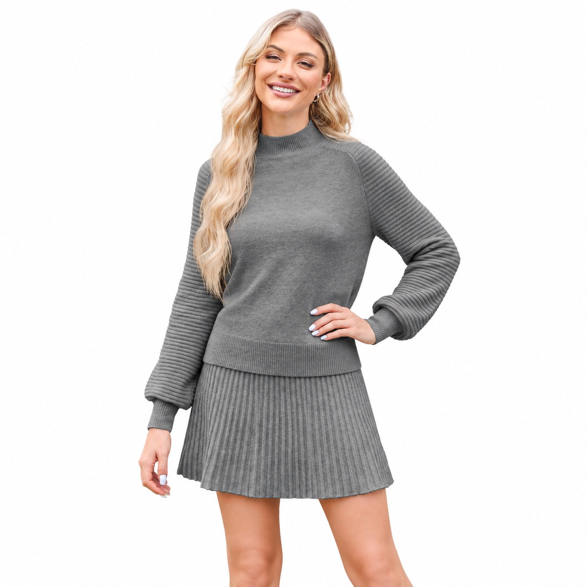 Imily Bela Dames Gebreide Set met Coltrui en Geplooide Minirok