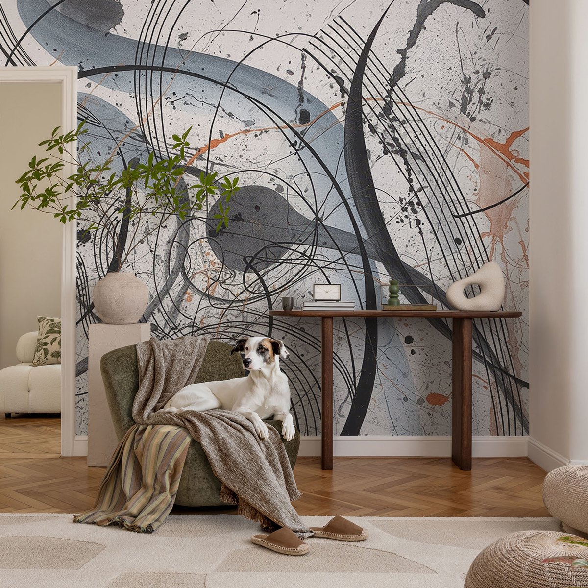 Coloray Vliesbehang - Wit Snellijm Behang - 104x70 cm - Expressieve Abstractie Muurschildering - Gang behang Abstractie - Fotobehang Vlies - Slaapkamer behang