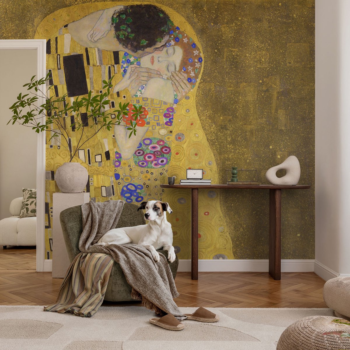 Coloray Vliesbehang - Geel Snellijm Behang - 104x70 cm - Art Nouveau-Paar Fotobehang Vlies - Woonkamer behang Deel - Muurschildering - Woonkamer behang