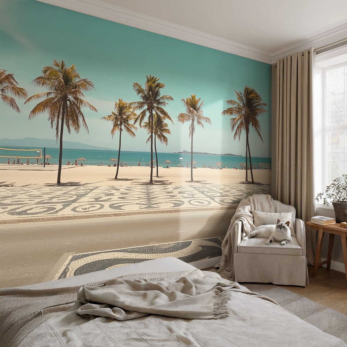 Coloray Vliesbehang - Turkoois Snellijm Behang - 104x70 cm - Palmbomenstrand Fotobehang Vlies - Woonkamer behang Landschappen - Muurschildering - Hal behang