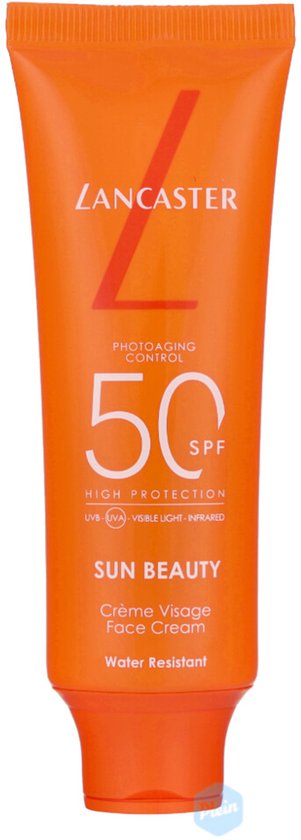 Oranje tube Lancaster Sun Beauty Face Cream met SPF 50. Zonnebescherming.