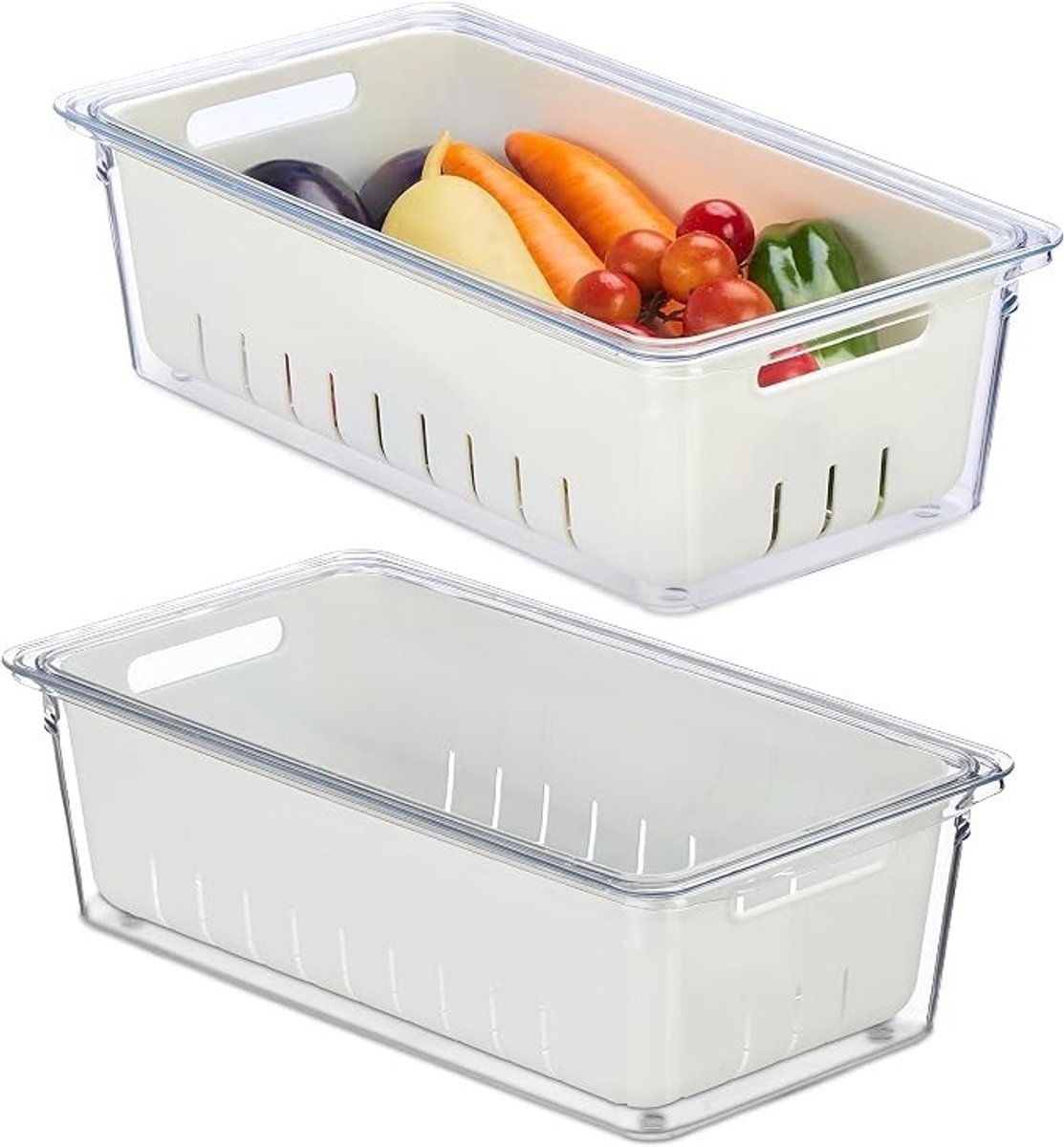 Livatto Koelkast Organizer Set van 2 – Stapelbare Bewaarbakken met Deksel en Binnenmand – Transparant/Wit