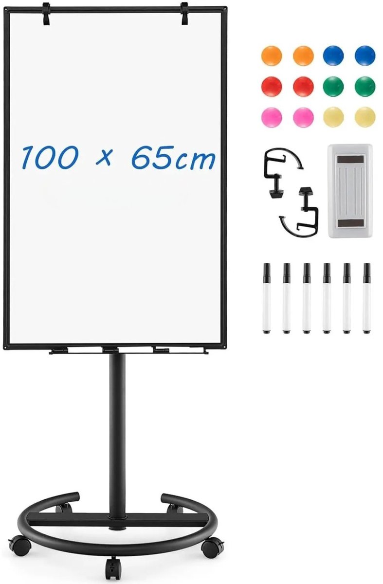 Noventra whiteboard op wielen-whiteboard-visual-in hoogte verstelbaar- 100 x 65 cm-aluminium-zwart-