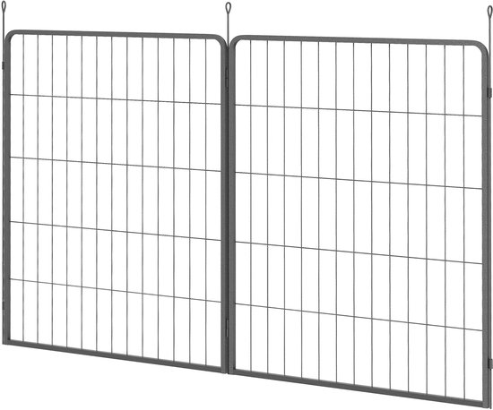 Twee grijze metalen hekken met een rasterpatroon, verbonden door scharnieren aan de bovenkant.