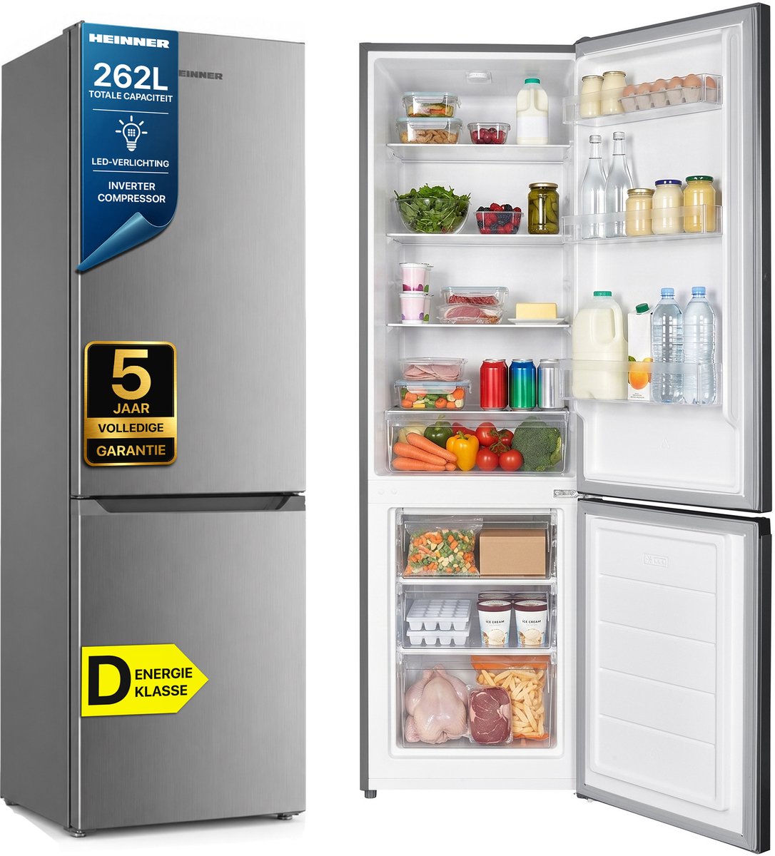 Heinner HC-HM262INVXD Koel-vriescombinatie RVS 262 L – Vrijstaand – Energieklasse D – Instelbare Thermostaat – LED-verlichting met Deuralarm – Omkeerbare Deur – 5 Jaar Garantie