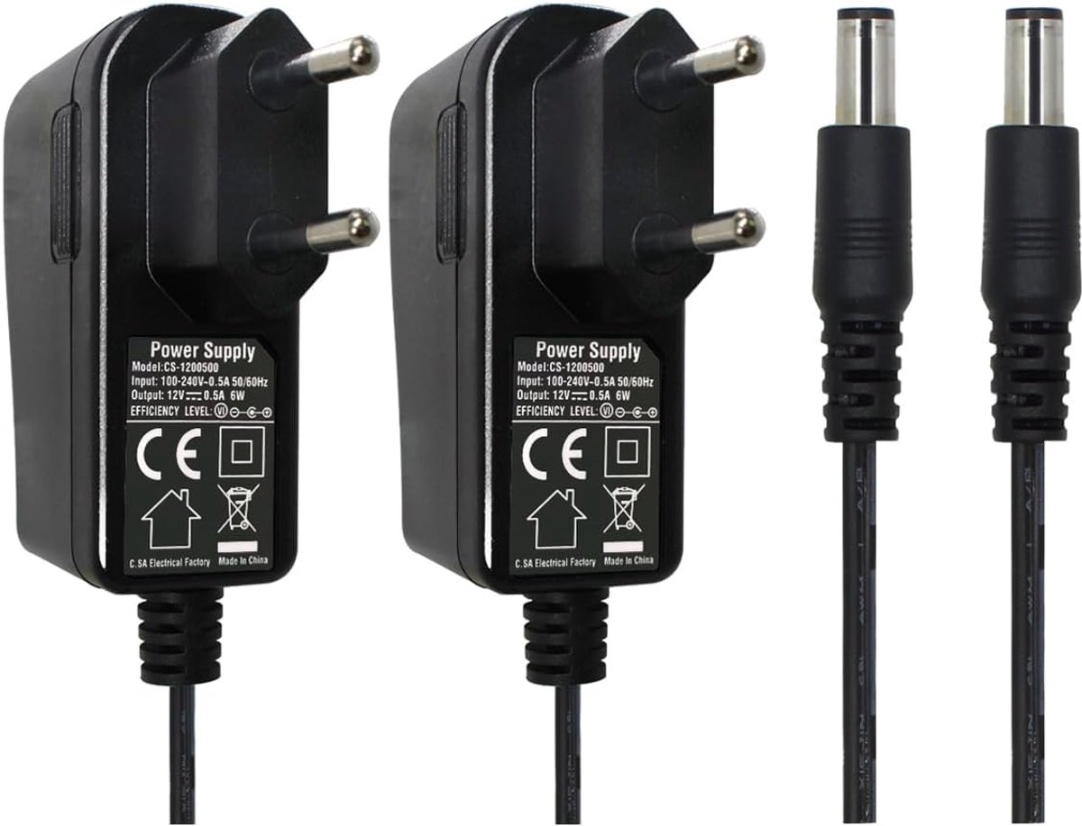 Set van 2 AC naar DC 12 V 0,5 A voedingsadapter, stekker 5,5 mm x 2,1 mm, voor CCTV-camera LED String Light