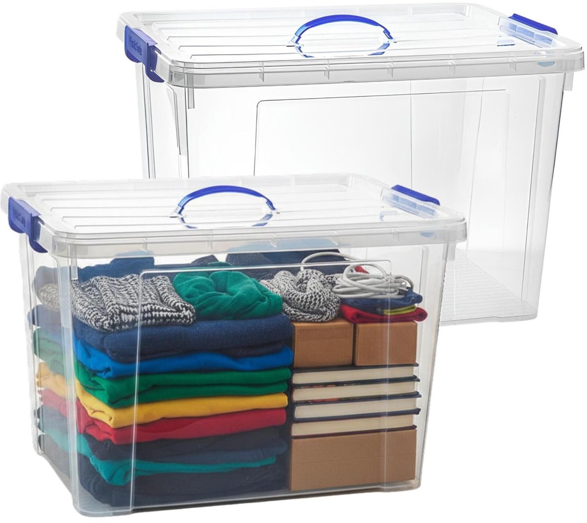 PLASTICFORTE Opslagbox - 2x - met deksel - transparant blauw - 72 liter - 60 x 45 x 40 cm - kunststof - opbergdoos - opbergen