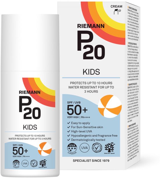RIEMANN P20 KIDS zonnebrandcrème, SPF 50+, met waterbestendigheid voor 3 uur en bescherming tot 10 uur.