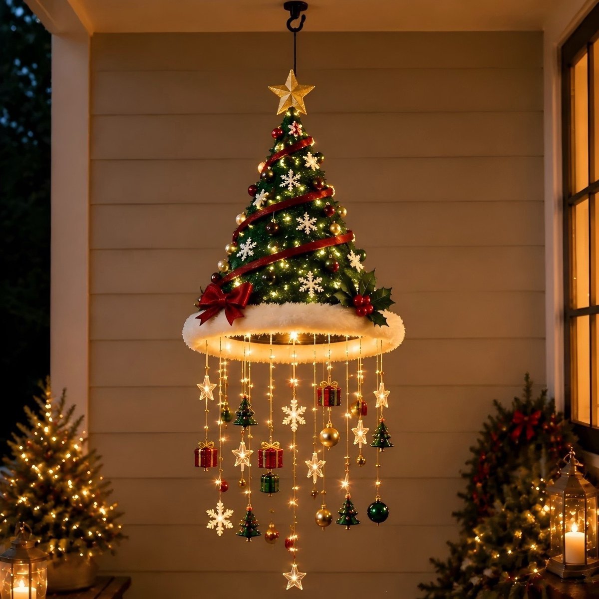 Hangende Kerst decoratie - Kerstboommuts Lamp met LED - Verlichte hanglamp kerstmuts - Kerst decoraties - Oplichtende Kerstmuts - Kerstmutsdecoratie - Kwastjes met sterrenmotief - Hangende Kerstdecoratie - voor veranda en terrassen-Stijl C - TENGYIF®