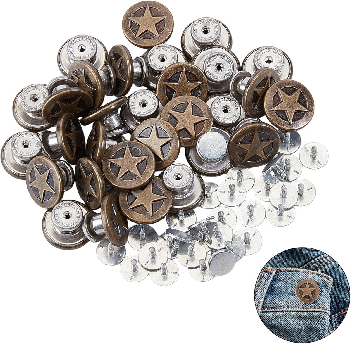 30 stuks bronzen ster jeansknoop, 17 mm geen naai-vervangende knopen